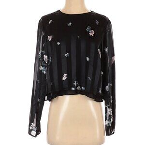 Club Monaco Floral Silk Blouse with Striped Sheer Panels in Black / Blush sz M